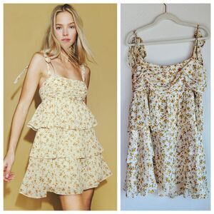 NWOT Reformation Avni Yellow Floral Tiered Ruffle Tie Strap Babydoll Mini Dress